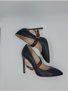 GUCCI Sylvie Mary Jane Black Leather Size 38, US 7,5, Heels 4,5 in Pumps